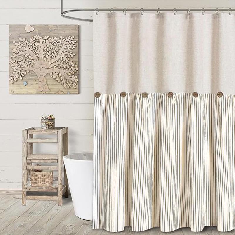 Handun Beige Striped Button-Spliced Shower Curtain