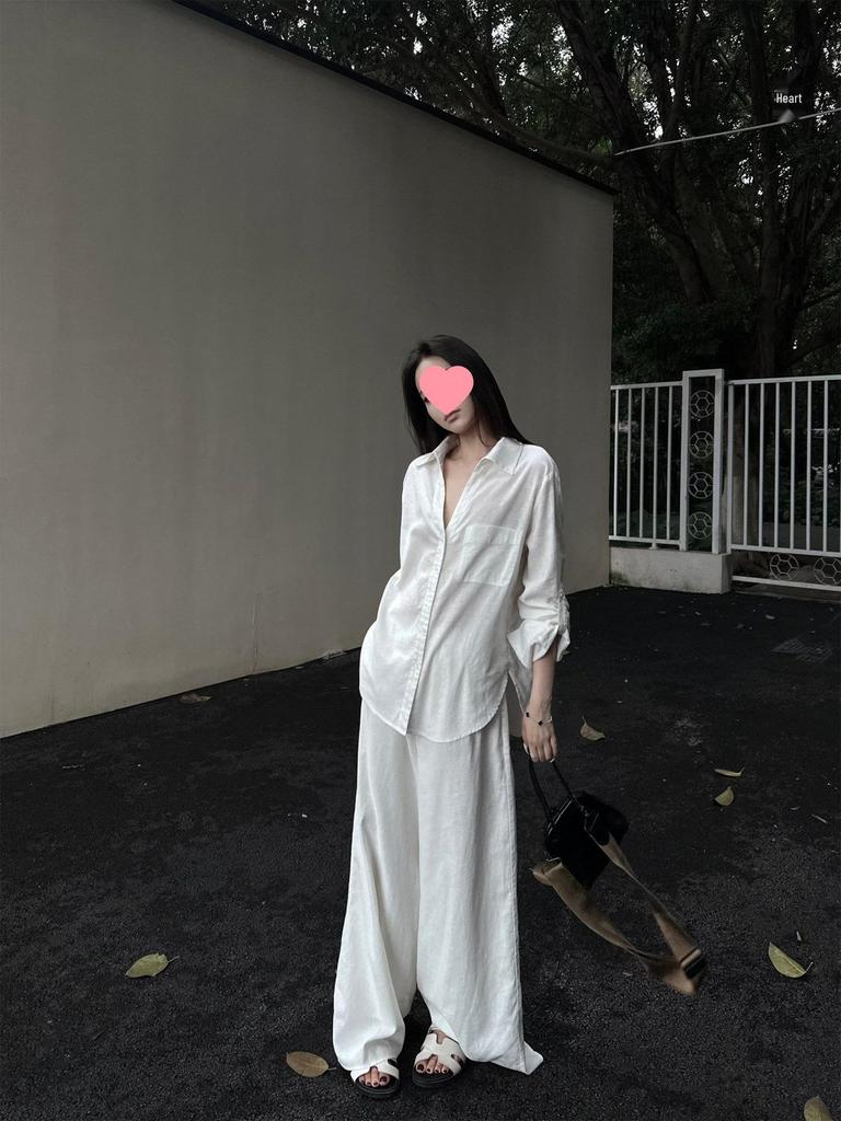 5werkwe Women's White Linen Long Sleeve Casual Shirt Set - Versatile Autumn Style