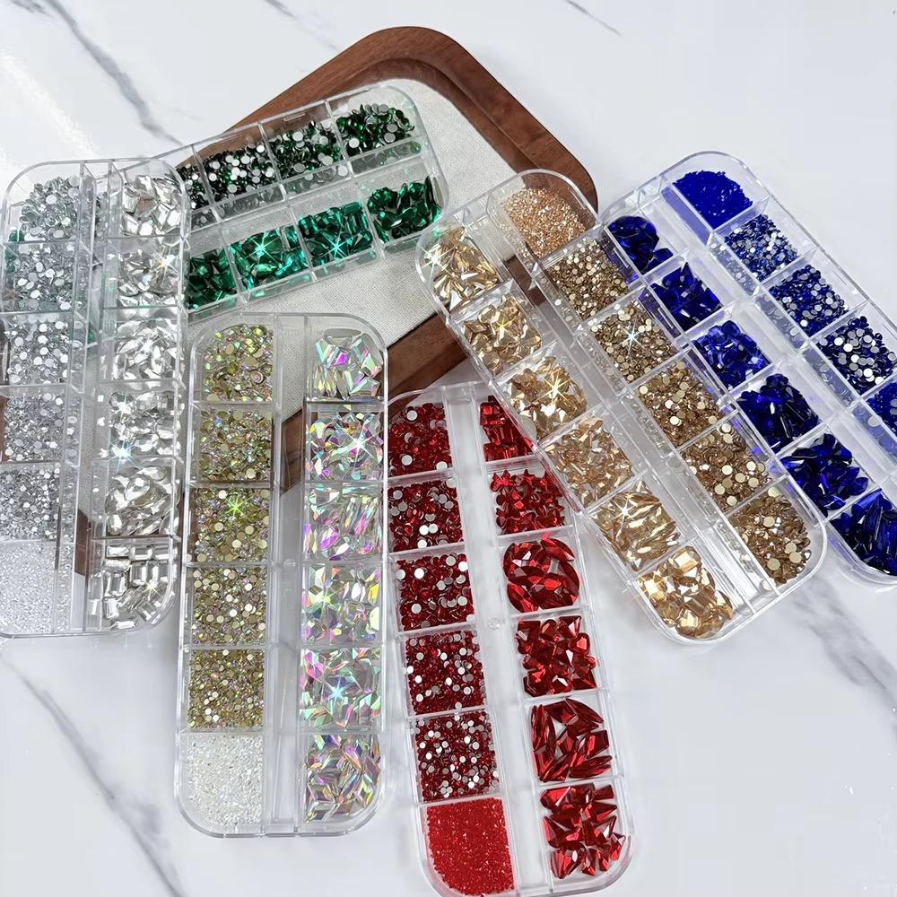 12 Grids 3D Nail Art Rhinestones Flat Bottom Five-pointed Star/Heart Nail Art Charms Mixed-Shapes Square Rhombus