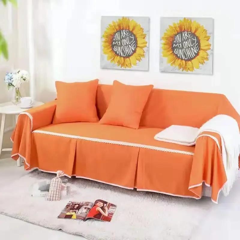 1/2/3/4-seater Sofa Cover for Living Room Solid Color Lace Edge Sofa Towel All-inclusive Dust Couch Cover Solid Slipcover