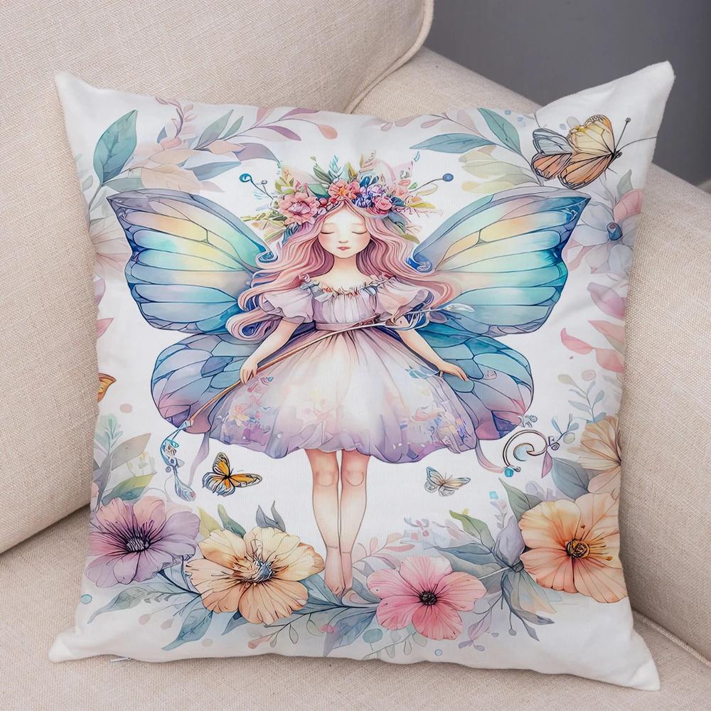 Niedlicher Cartoon Waldmädchen Elfen Kissenbezug Doppelseitig bedruckter Kissenbezug Deko für Sofa Zuhause Superweicher Plüsch Kissenbezug 40x40cm