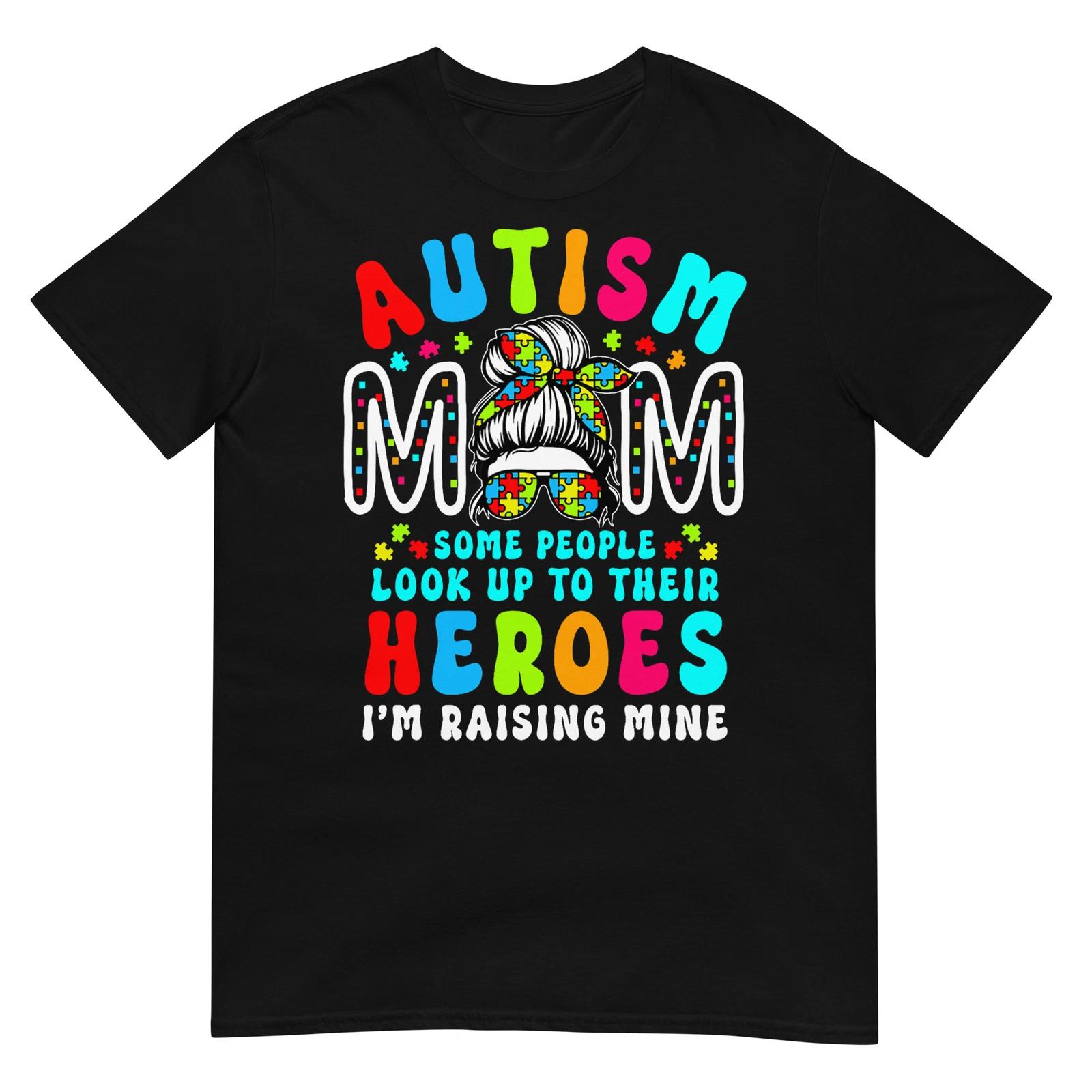 

Autism Mom Raising Hero Groovy Messy Bun Autism Awareness T-Shirt M
