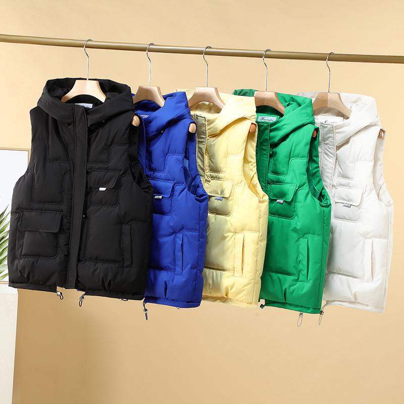 Women Hooded Puffer Vest Sleeveless Down Waistcoat Multi Pocket Quilted Gilet Autumn Winter Warm Loose Sleeveless Jacket Casual