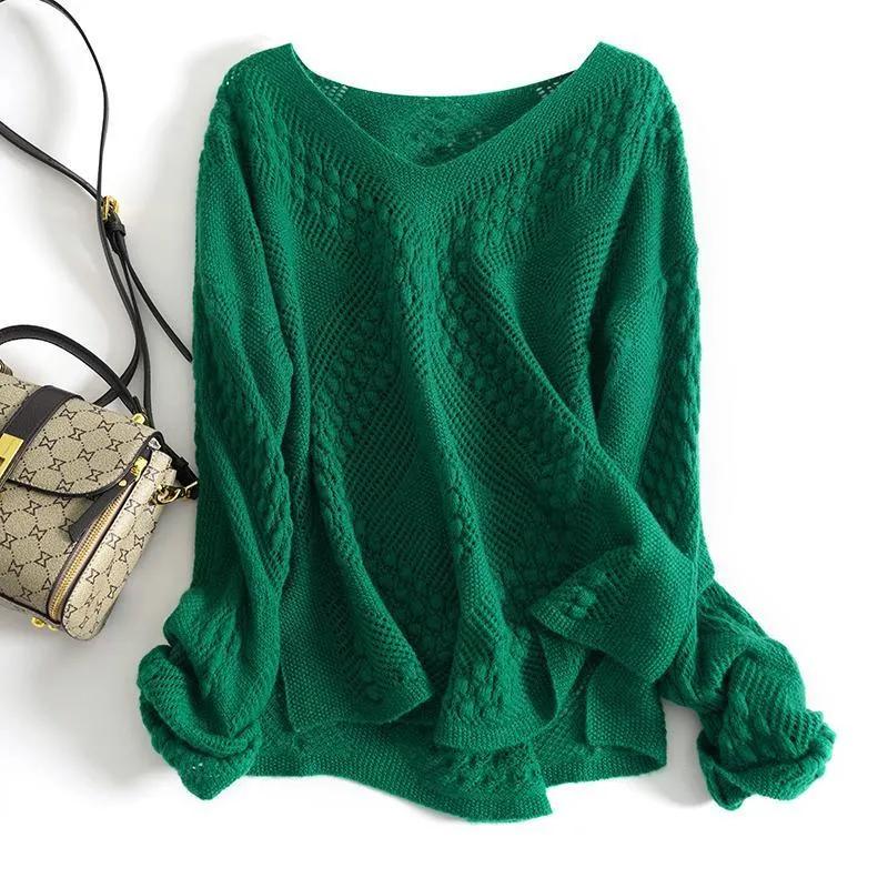 Women's Autumn/Winter Mid-Length Causal Lace-Up V-Neck Knit Sweater Solid Color Crochet Pullover Top