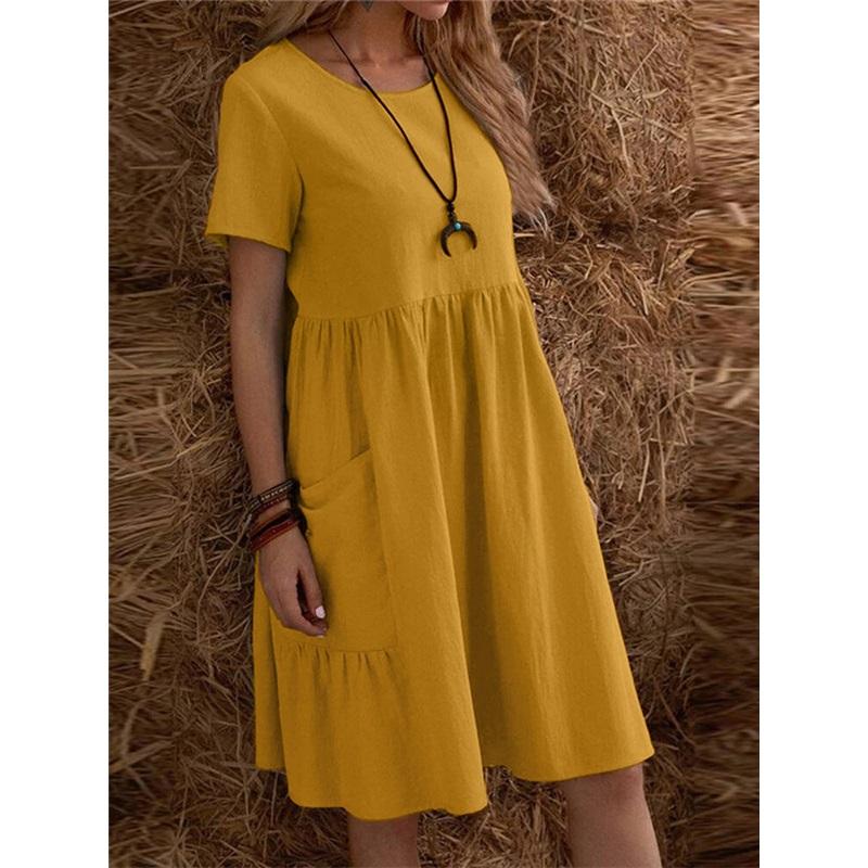 Summer European And American Ladies Loose Pockets Solid Color Round Neck Women's Cotton And Linen Dress Loose Casual Simple Elegant Daily Long Skirt