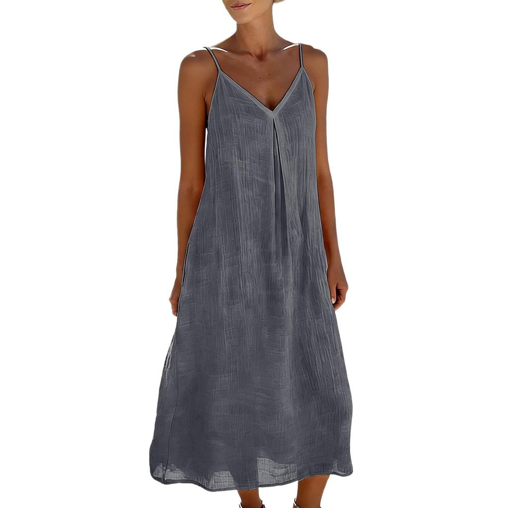 Women's Summer Fashion Strap Skirt Loose Fold V-neck Bohemian Vacation Beach Cotton Hemp Dress