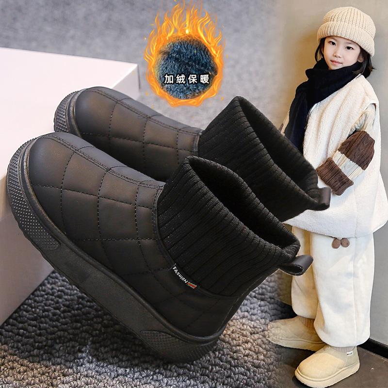 Girls snow boots 2025 winter new fashion boys velvet short boots thermal two cotton shoes children's socks boots tide