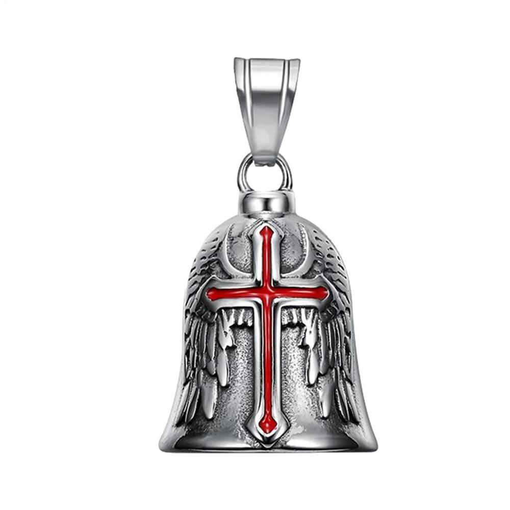 Stainless Steel Retro Punk Angel Cross Motorcycle Riding Lucky Bell Men Motorcycle Bell Charm Riding Bell Necklace Ornament
