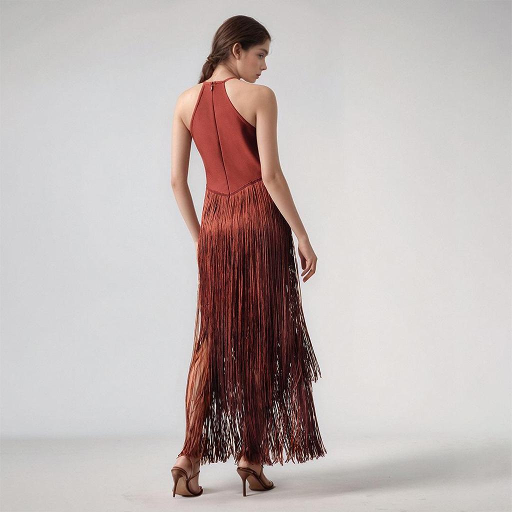 Women's Tassel Sleeveless Waist-Cinching Bandage Evening Gown