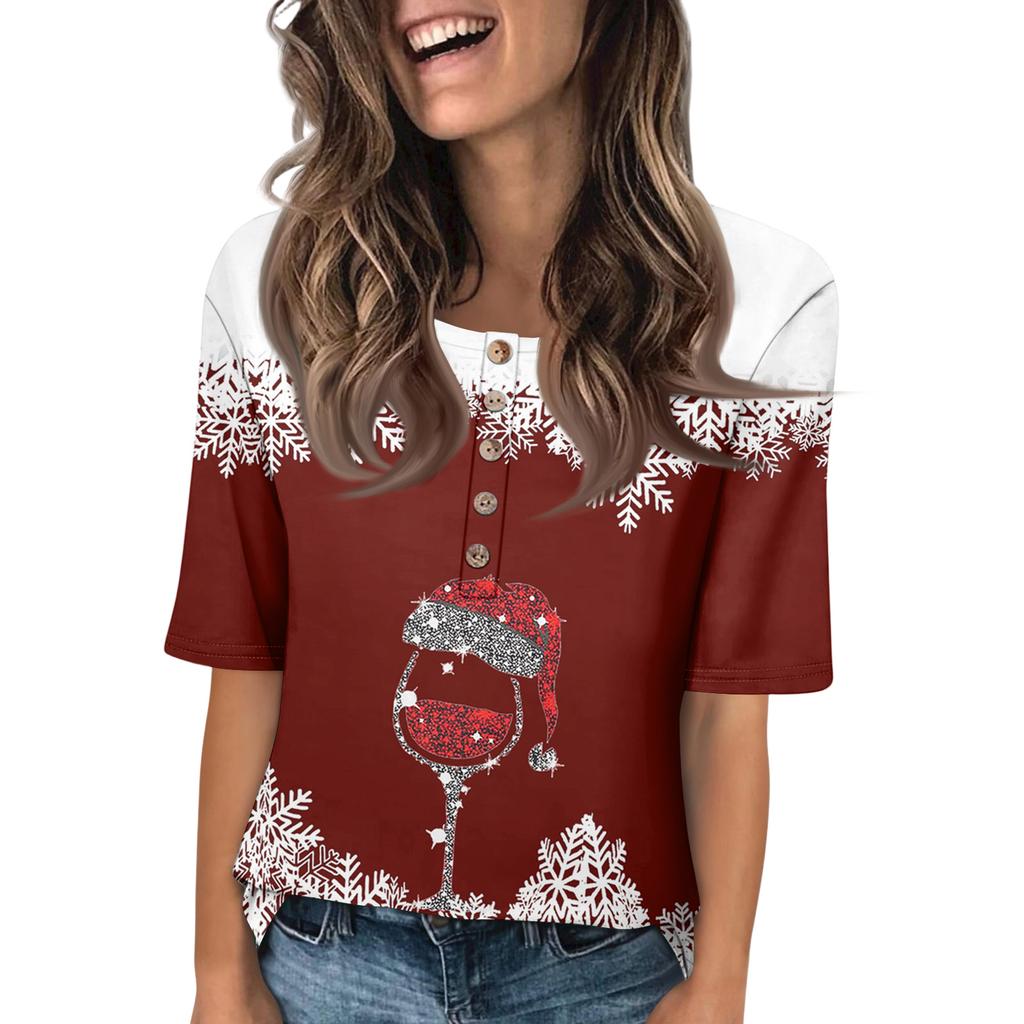 Women's Everyday Casual Mid-Sleeve Mid-Neckline Christmas Print Top
