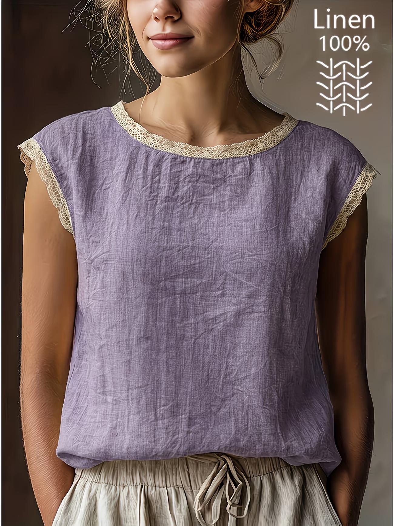 Women s European and American Style Sleeveless Lace Cotton-Linen Shirt, Spring/Summer 2026 Collection. Double Extra Large фиолетовый