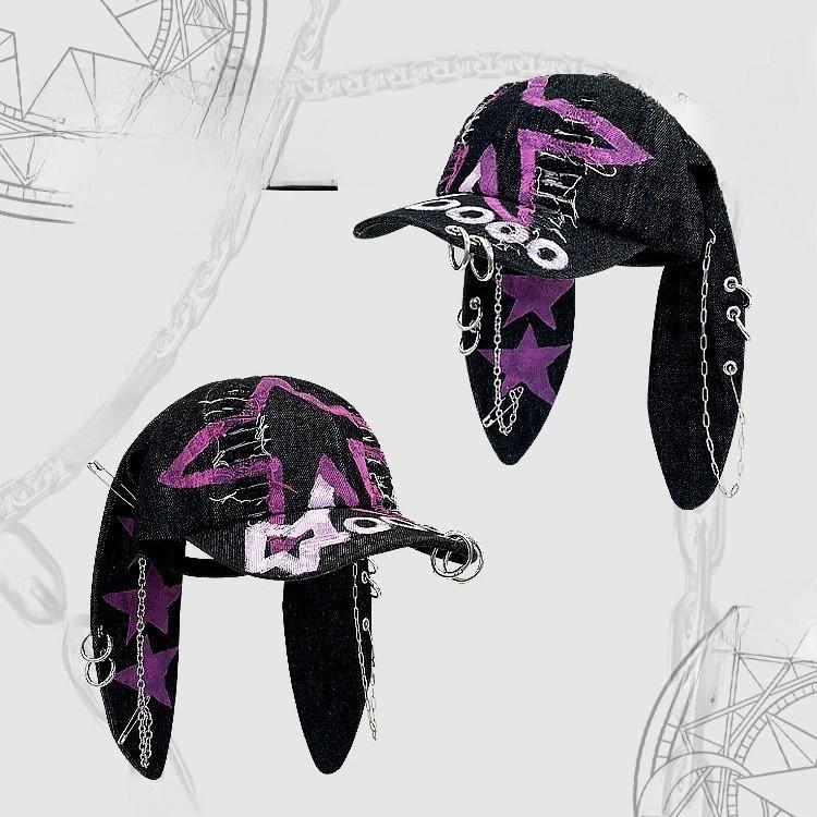 Postapocalyptic Rabbit Ear Distressed Baseball Cap With Sunblock For Street Fashion Enthusiasts