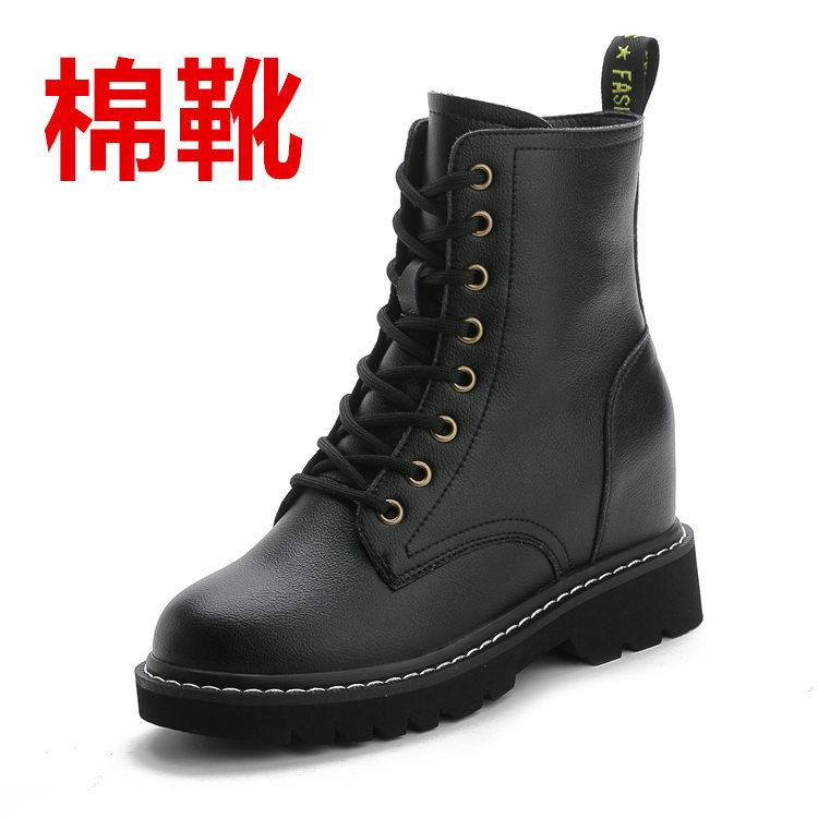 Inner Height Increasing Martin Boots Women's, Spring New, Versatile Thick-bottomed Wedge Heel Short Boots Medium Boots Black Cotton Boots