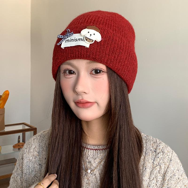 

Autumn and Winter Warm Ear-protecting Woolen Hat for Women Cute Patch Puppy Plus Meat Cold Proof Pullover Hat Showing Face Small Knitted Hat 56-62CM