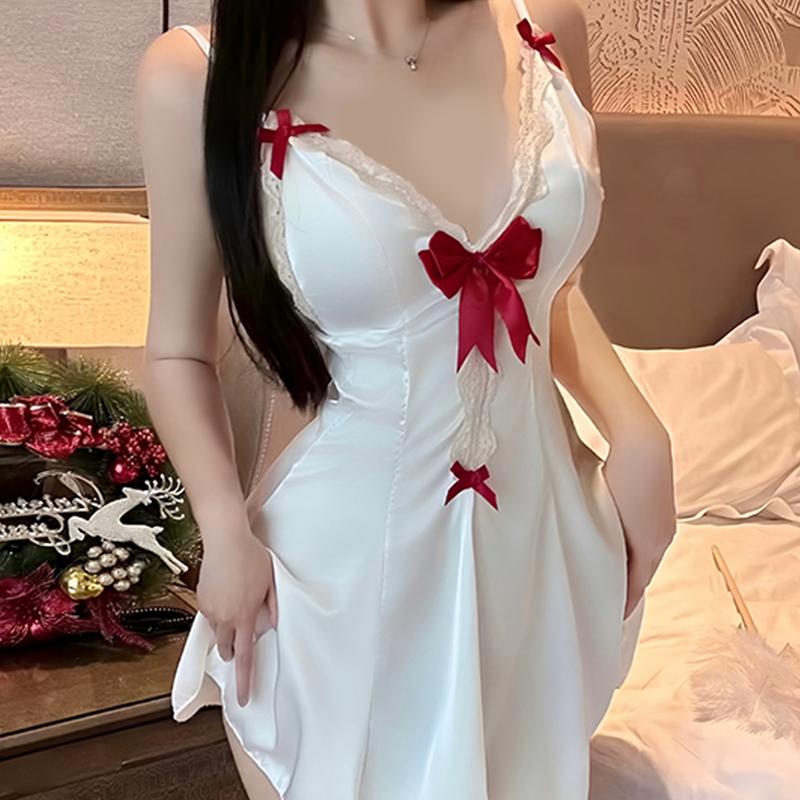 Sexy Lingerie Bow Lace Hollow Pajamas Summer Suspenders Sexy Home Nightdress
