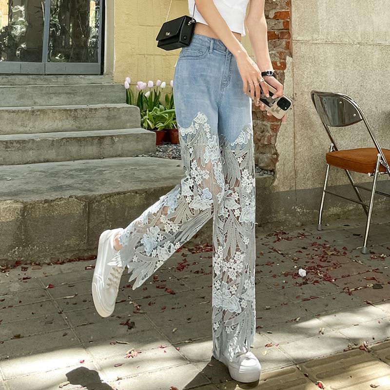 Women's Retro Lace Patchwork Straight-Leg Jeans - Slimming, Casual, Cross-Border Design Style.