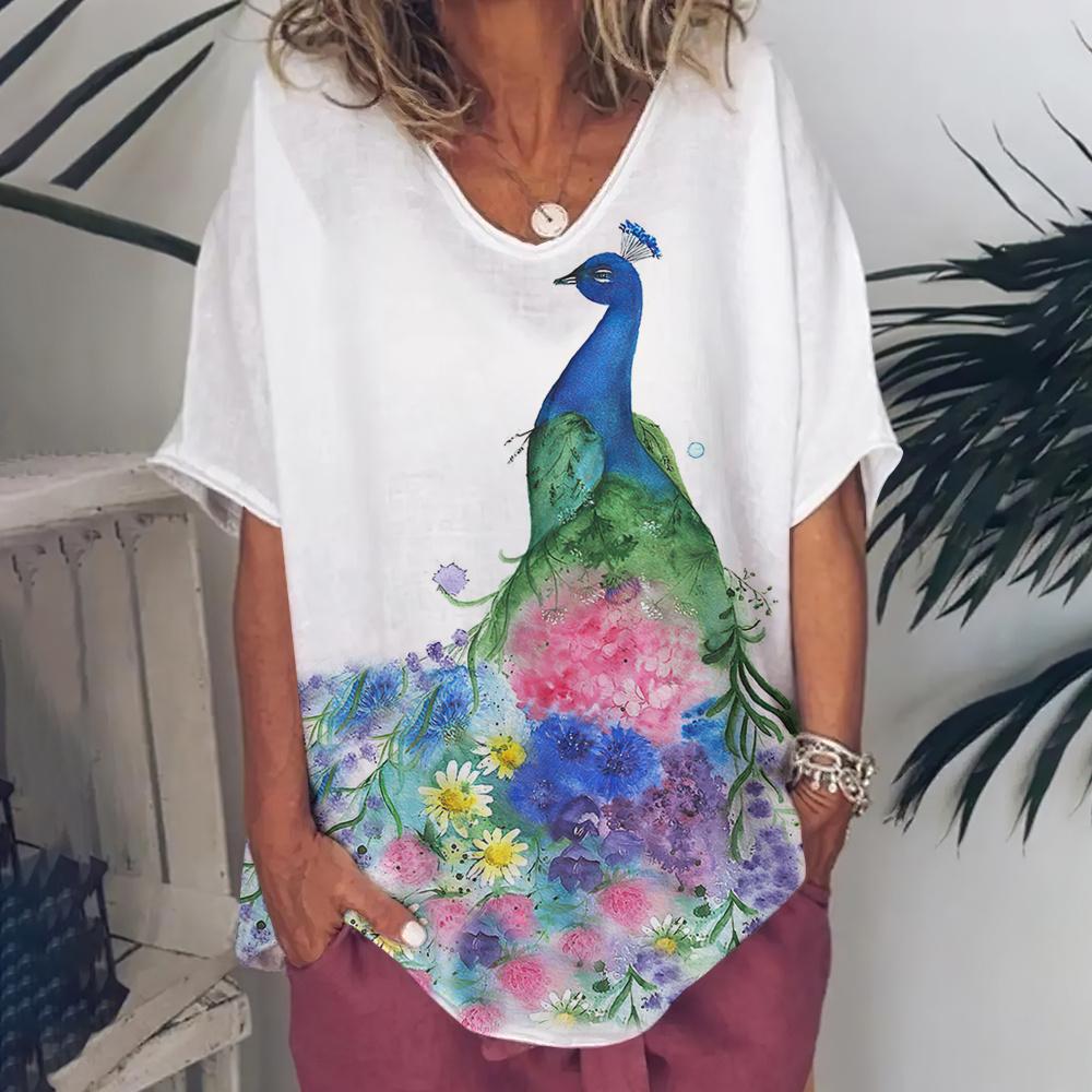 Fashion Women's T Shirt V-Neck Short Sleeve Top Women 3d Peacock Graphics Summer Plus Size Everyday Casual Female Clothing 5XL