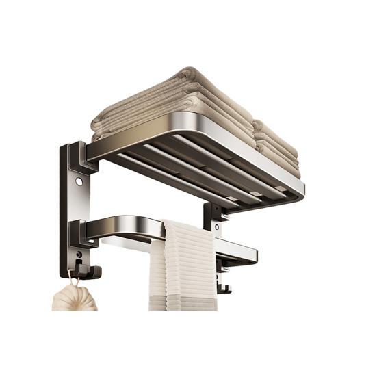 Towel Rack Foldable Wall Mounted Space Aluminum Towel Rail with Hooks Black Matte Finish Durable Rust-Resistant Bathroom Storage