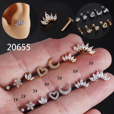 16G 1.2mm Stainless Steel Zircon Moon and Star Lip and Ear Studs Body Piercing Jewelry
