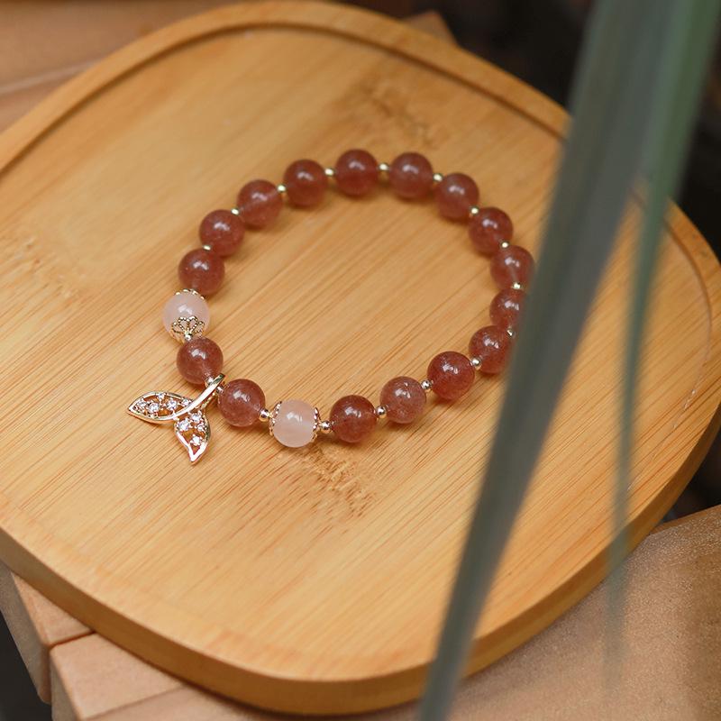 Women's 5A Grade Natural Strawberry Quartz Beaded Bracelet with Fishtail Charm - Cute & Sweet Crystal Jewelry
