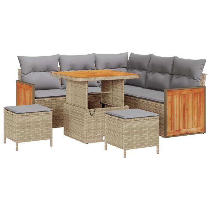 Ensemble de canapé de jardin 8 pièces avec coussins en poly rotin beige Acacia, Canapé de jardin 2 places avec coussins 3363302