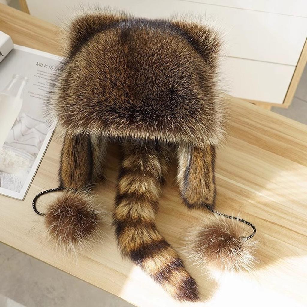 Thicken Plush Hat for Parent-Kids Windproof Plush Hat with Cute Raccoon Ear&Tail Adult Teens Winter Warm Mongolian Hat
