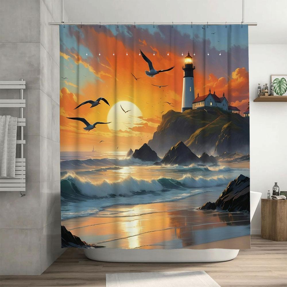 Sonnenuntergang Ozean Leuchtturm Möwe 3D Gedruckter Duschvorhang Wasserdichte Badezimmerdekoration Hausdekoration (180X240Cm)