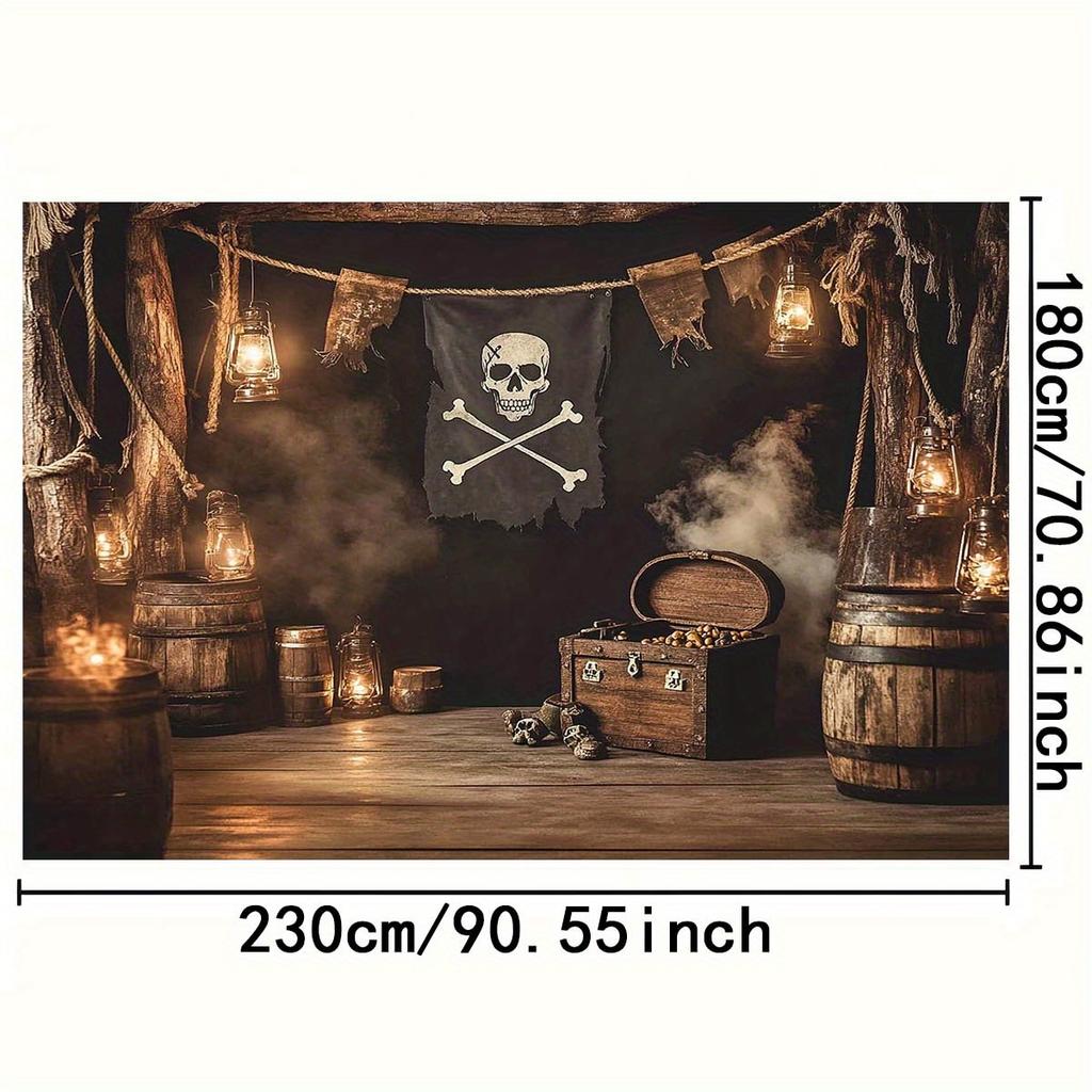 1 Pirate-themed Background Cloth - Skull and Bones, Treasure Chest, Bucket Lantern - Durable Polyester Material, Birthday Party