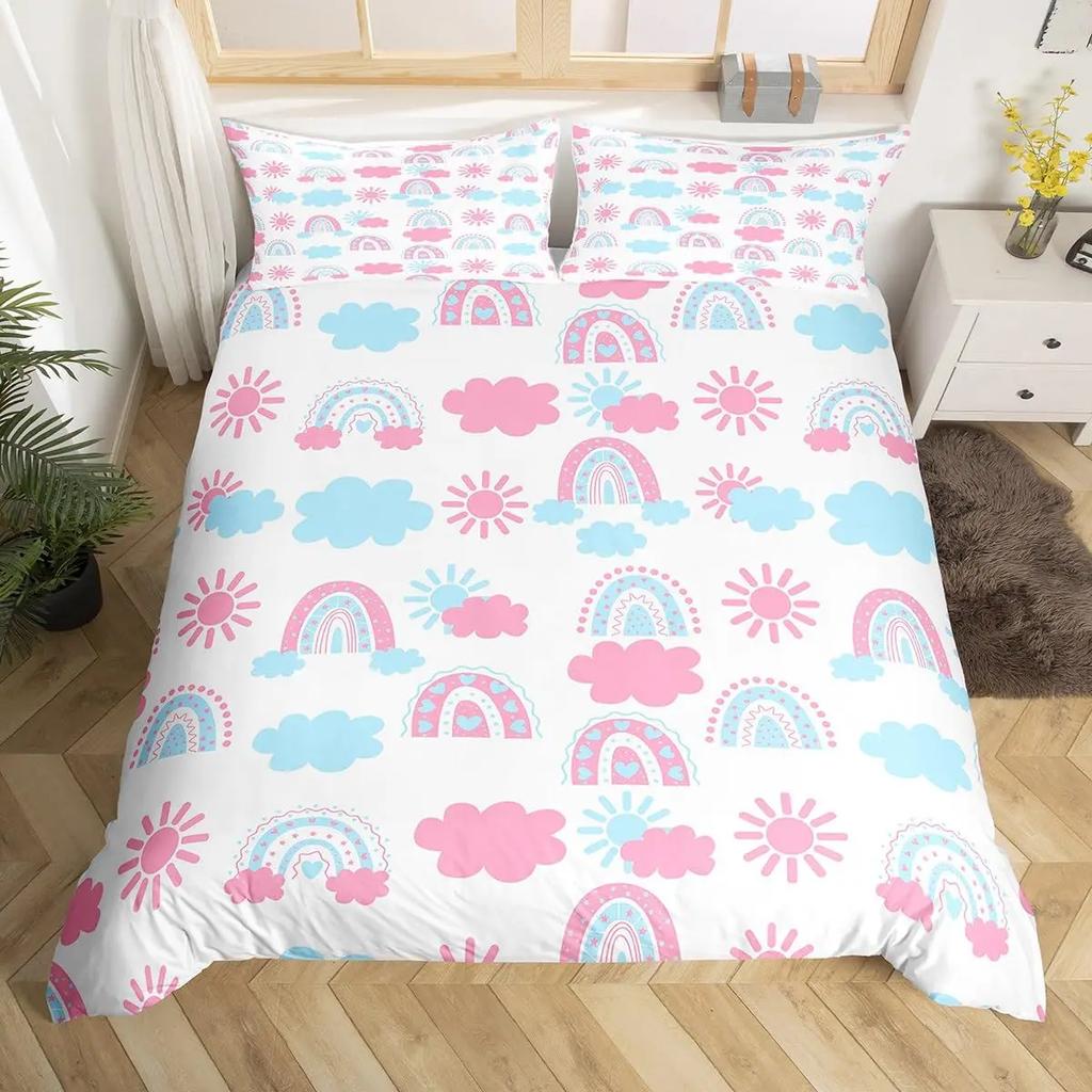 Cartoon Rainbow Sun Bedding Set For Girls Kids Bedroom Decor Comforter Cover Kawaii Art Duvet Cover Polyester Comforter Cover