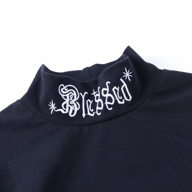 Women's Letter Embroidery Black Tight-fitting Long-sleeved Short Top Harajuku Style Retro Solid Color Top