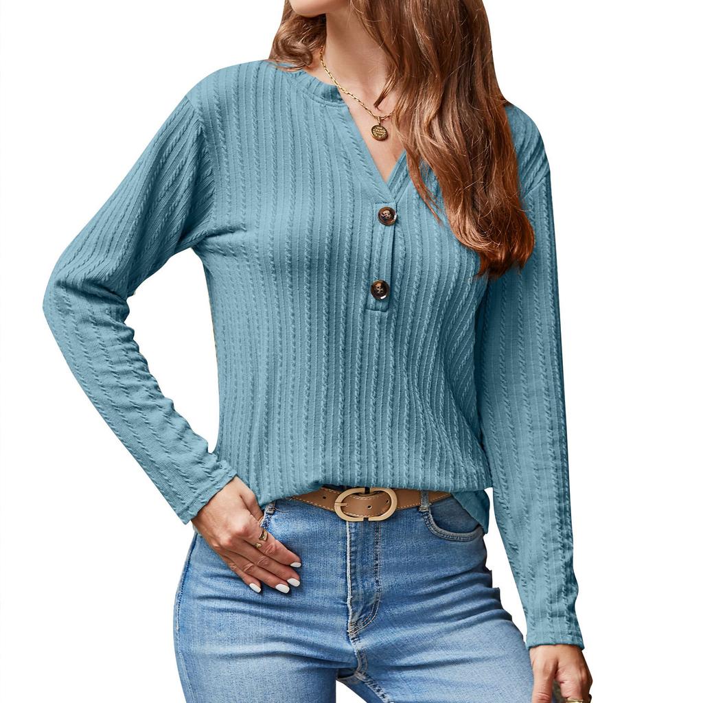 2024 Autumn Winter New Women Long Sleeve T-shirts Ladies Fashion Buttons V-neck Knitted Tee Shirt Female Solid Color Casual Tops