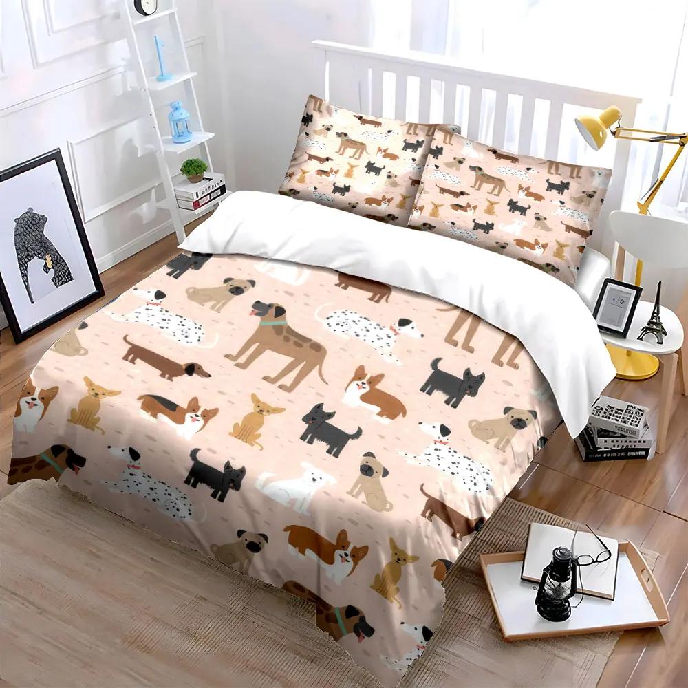 Cute Dog Pattern Three-Piece Set Bedding Set with 1 Duvet Cover 2 Pillowcases Single Double King Queen Gift