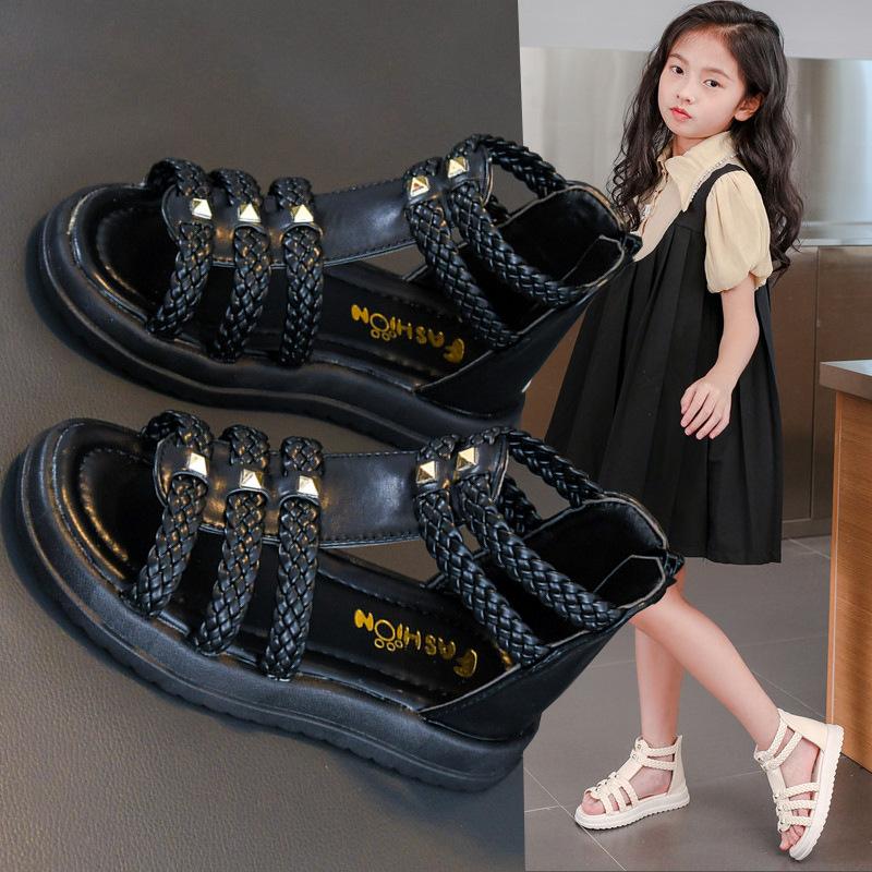 Girls Roman Sandals Open Toe Braided Solid Color High Top Rivets Summer Hollow Flat Casual Shoes Kids