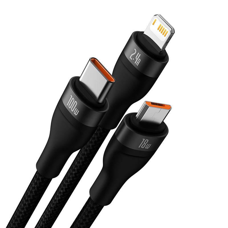 Kabel Usb 3W1 Baseus Flash Series, Usb-C + Micro Usb + Lightning, 100W, 1.2M (Czarny)