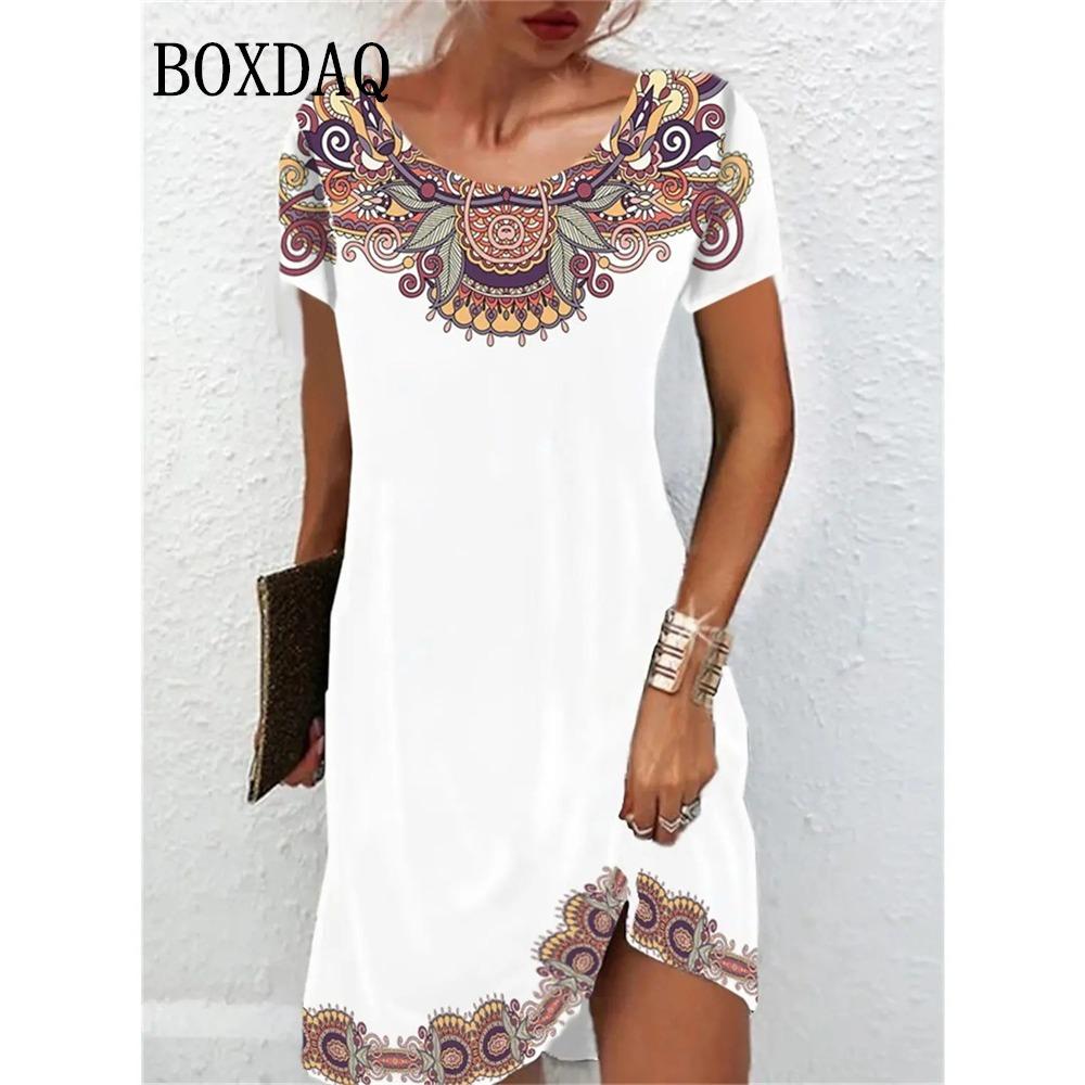 2026 Spring and Summer New Women's Retro Short-sleeved Mini Dress Ethnic Style Printed O-neck Casual Loose Retro Dress