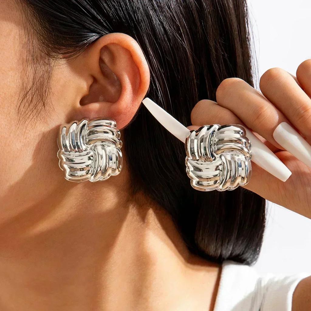Exaggerated Metal Glossy Irregular Distorted Geometric Large Earrings for Women  Fashion Personality Party Vintage Zircon Gifts