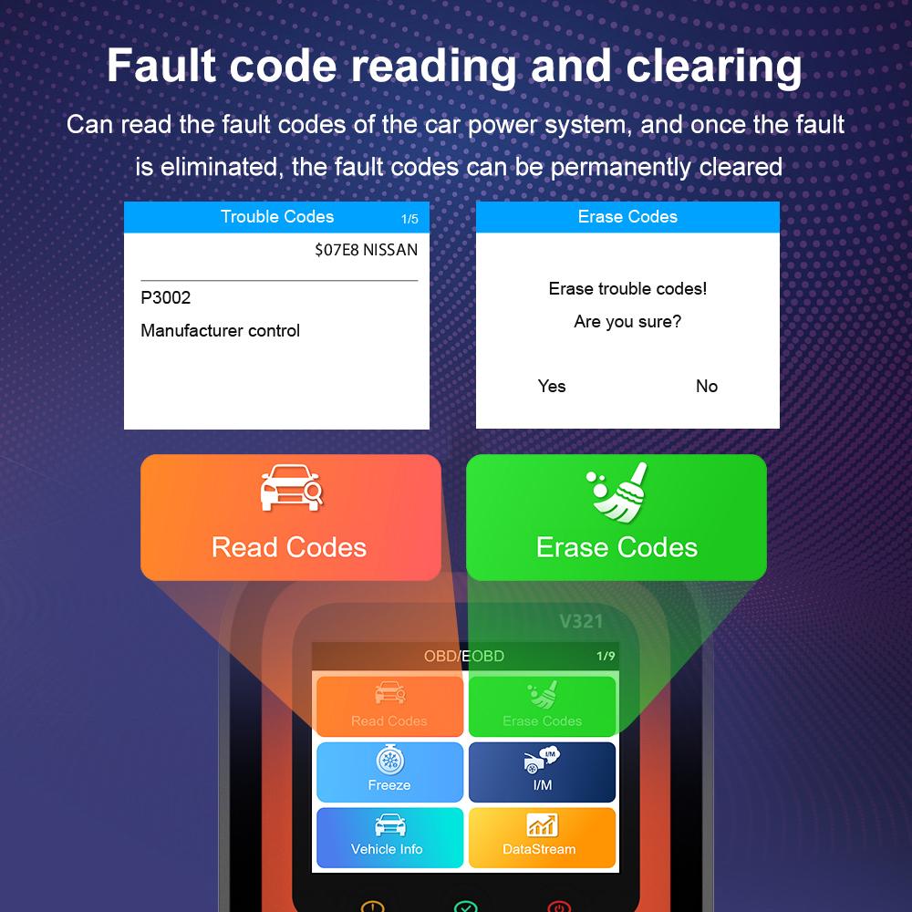 Code Reader V321 Battery Tester Fault Code Clear OBD II Scanner Car OBD2 Diagnostic Tools Check Engine System Universal