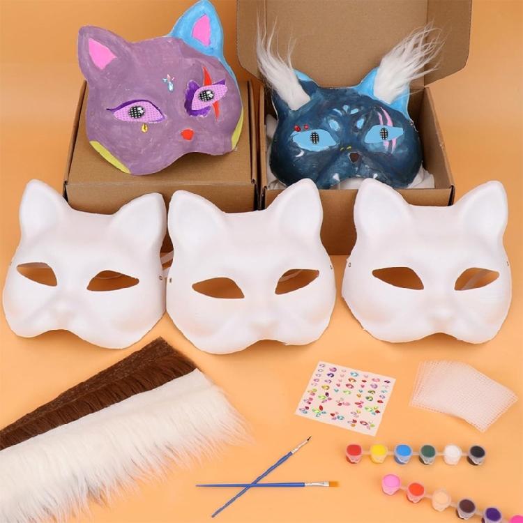 Cats  Foxes Mask with Furs Eye Mesh Felts Sheet Therians Dress Up Mask to Paint for Halloween Masquerade Cosplay Party