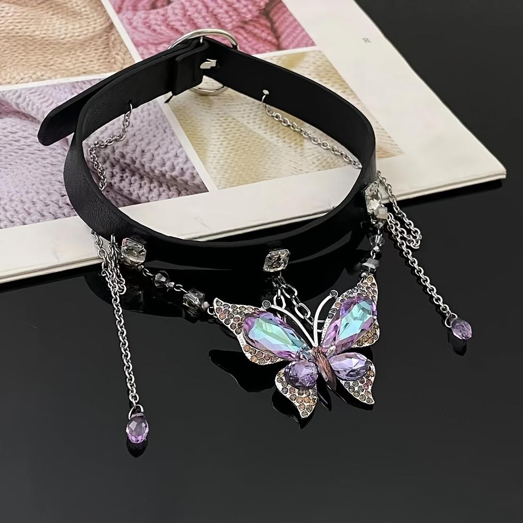 1PC Purple Butterfly Leather Necklace, Cool Punk Personality Fashion, Suitable for Women