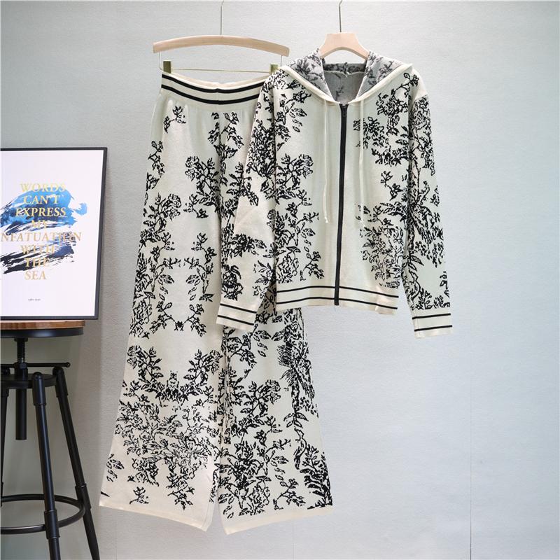 2 Piece Set Women Outfit 2024 Autumn/Winter New Casual Knitted Hooded Sweater Tops Suits Fashion Loose Pant Sets
