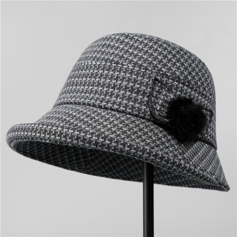 

Женская осенне-зимняя шляпа-рыбак, универсальная шляпа, шерстяная теплая клетчатая шляпа-ведро M（56-58cm）