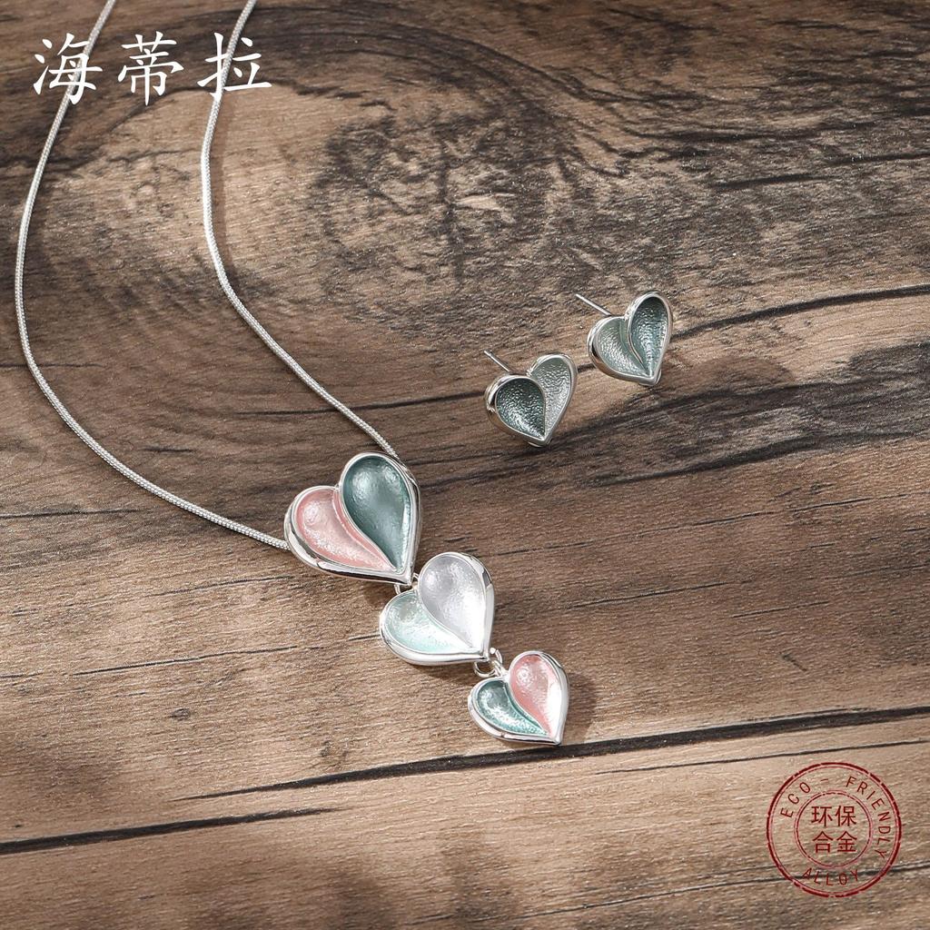 Luxury hot-selling enamel color love stud earrings necklace set women's cute heart-shaped versatile earrings necklace set