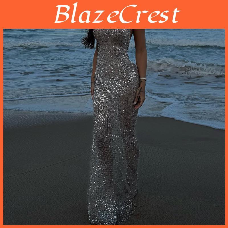 Women Halter Long Dress Sexy Sleeveless Backless See Through Female Dresses 2025 Spring Summer Solid Color Beach Holiday Lady Dress