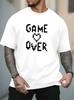 Unisex Crew Neck Tee Pixel Game Over Heart Text Print Short Sleeve Loose Oversized Male Daily Casual Soft Breathable Basic Wear Top