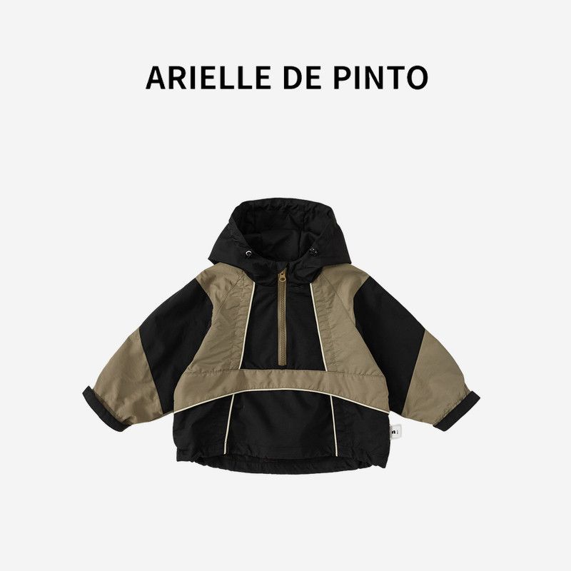 French Arielle De Pinto Boys Hooded Jacket Autumn Children s Color-Blocked Windbreaker Jacket Apricot Green + Black 90cm