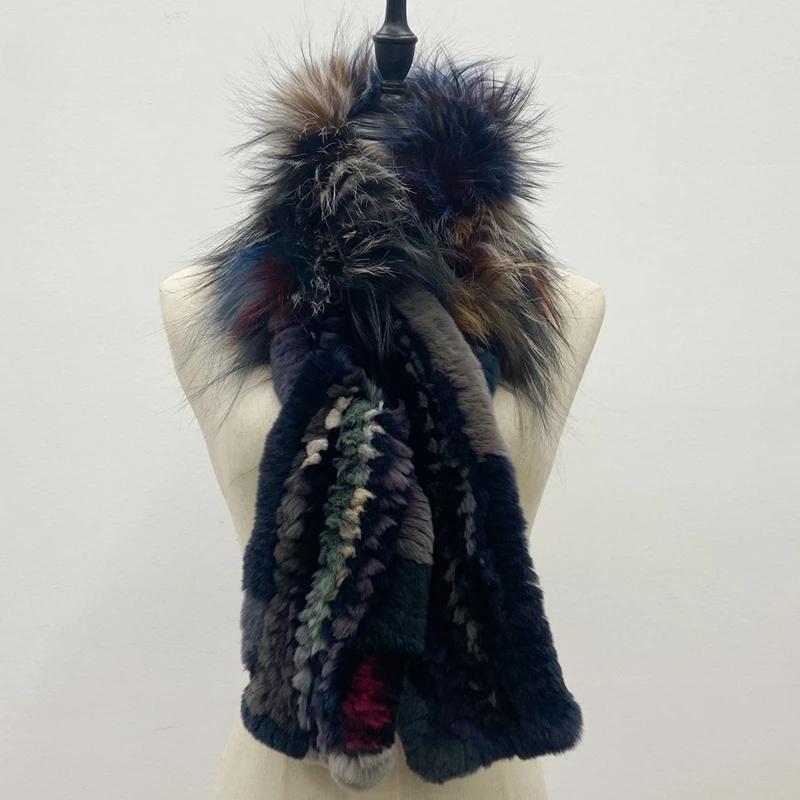 Women Stylish Luxury Scarf Natural Fluffy  Fox Fur Shawls Winter Female Warm Fashion Knitted Rabbit Fur Scarves 110x15x12cm