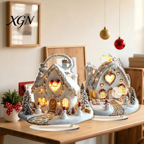 Christmas Theme Tabletop Ornaments Winter Ornaments, Double-sided Acrylic Snowman/Santa Claus/Reindeer/Cottage Table Seasonal Home Decorations