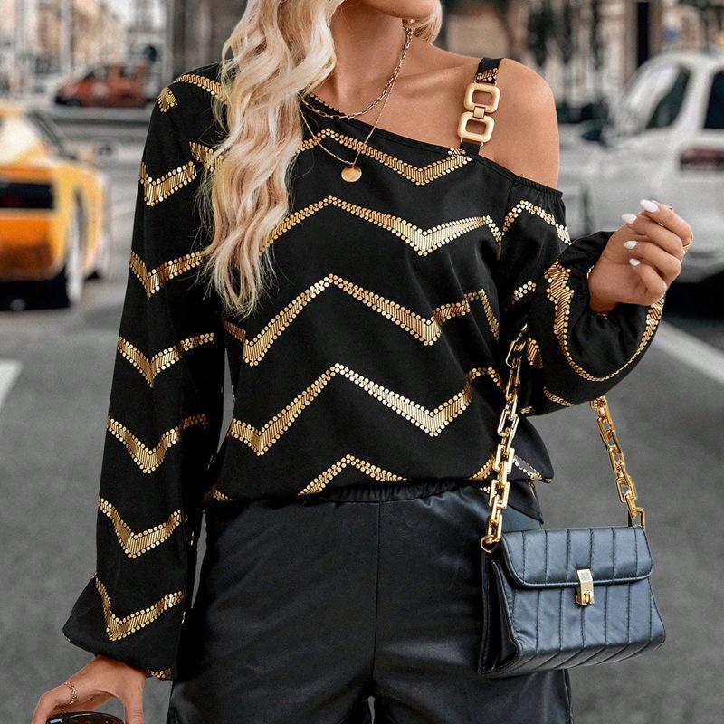 

Женская мода повседневная весна осень длинные рукава косой воротник блузки и рубашки XL чёрный