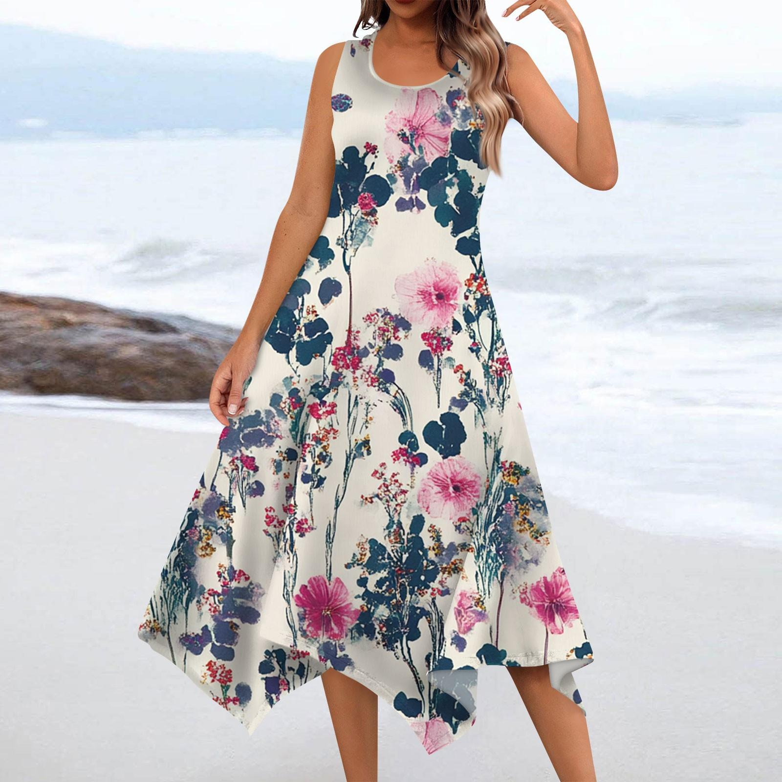 

Женское повседневное модное платье миди без рукавов с круглым вырезом и цветочным принтом, нерегулярный подол XL розовый