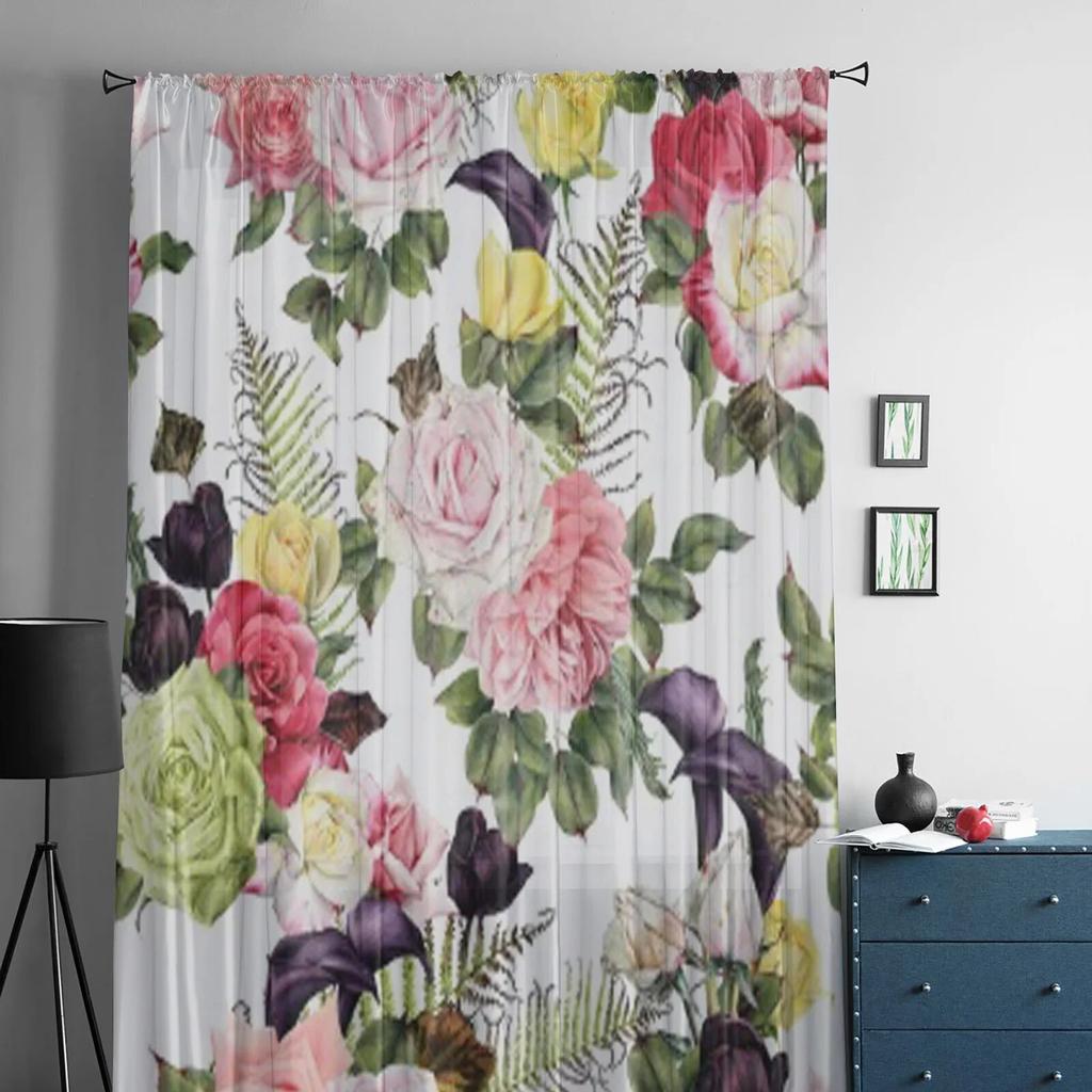 Floral Roses Watercolor Flowers Chiffon Sheer Curtains for Living Room Bedroom Kitchen Decoration Window Voiles Tulle Curtain